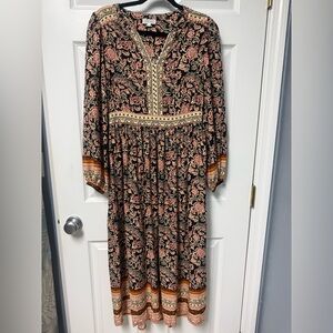 Paisley Tiered Maxi Dress with Contrast Trim - Black & Cream